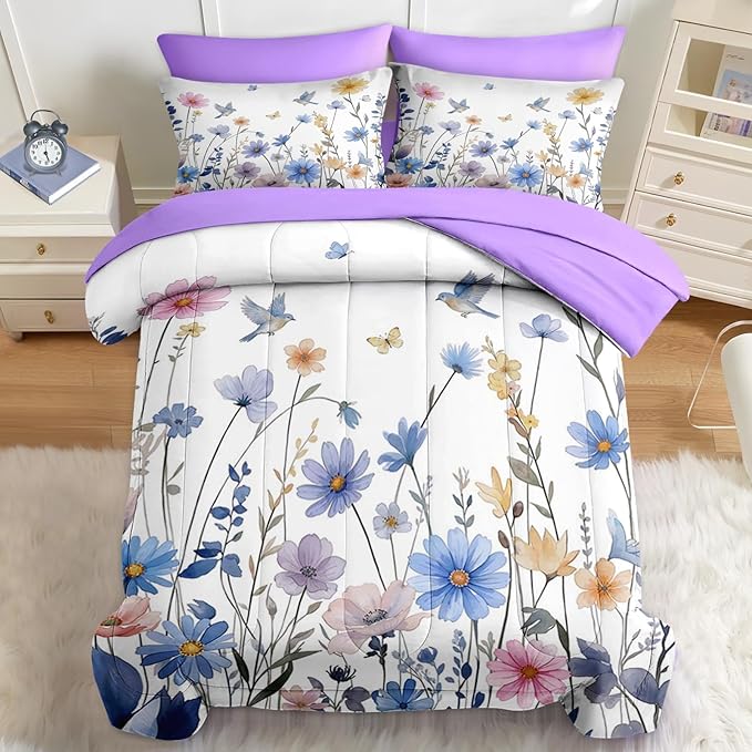 Nesker 7 Pcs Spring Comforter Set Queen Size, Blue Floral Bird Bedding Set for Kids and Adults, Purple Flower Butterfly Bed Sheet Sets with Fitted Sheet 2 Pillowcases & 2 Shams