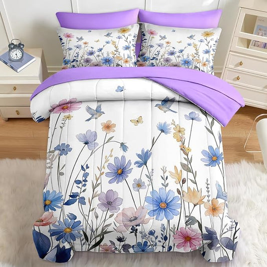 Nesker 7 Pcs Spring Comforter Set Queen Size, Blue Floral Bird Bedding Set for Kids and Adults, Purple Flower Butterfly Bed Sheet Sets with Fitted Sheet 2 Pillowcases & 2 Shams
