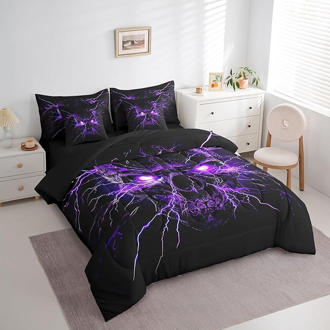 Erosebridal Gothic Bed in a Bag Queen Comforter Set 7 Piece,Sugar Skull Spooky Bone Goth Bedding Set,Purple Lightning Comforter and Sheet Set,Exotic Halloween Skeleton Decorations
