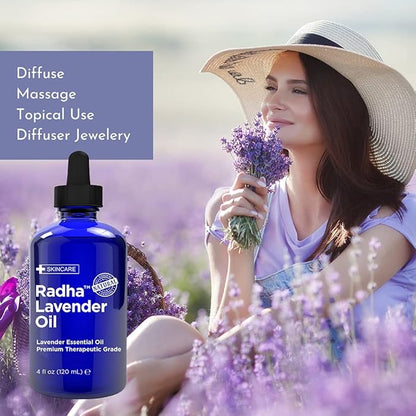 Radha Beauty Lavender Essential Oil 4 oz. - 100% Natural & Therapeutic Grade, Steam Distilled for Aromatherapy, Relaxation, Sleep, Laundry, Stress & Anxiety Relief, Meditation, Massage, Headaches