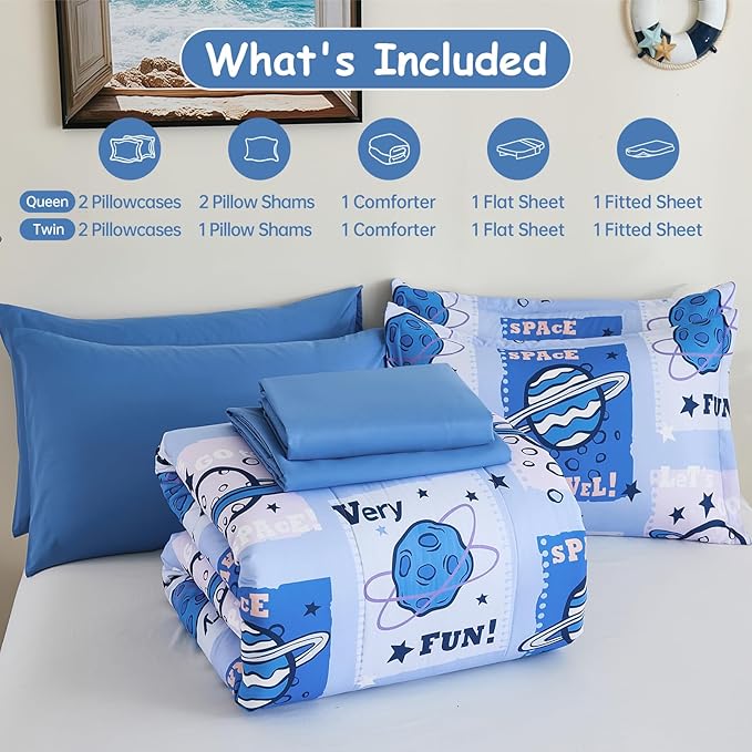 Drucon Kids Space Comforter Set Bed in A Bag Twin Size 6 Piece Cartoon Planets Bedding Set for Teens Boys Girls