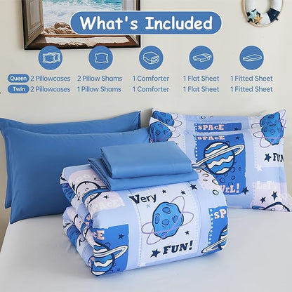 Drucon Kids Space Comforter Set Bed in A Bag Twin Size 6 Piece Cartoon Planets Bedding Set for Teens Boys Girls