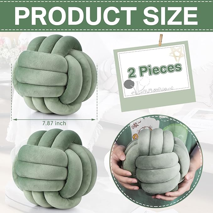 Namalu 2 Pieces Knot Ball Pillows Round Plush Aesthetic Cushion Pillows Soft Stress Relieving Cute Decorative Knotted Pillows for Kids Bed Sofa Bedroom Decor (Dark Green, 7.87 Inches)