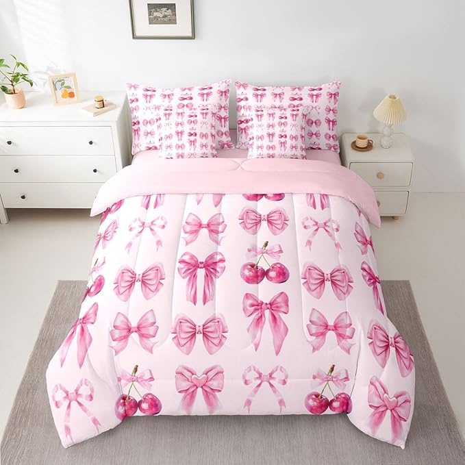 Feelyou Pink Cute Cherry Bow Comforter Set Queen Size 7 Pieces Pink Bow Bedding Set for Kids Boys Girls Princess Decor Bed in a Bag with Comforter, Sheets, Pillowcases, Cushion Covers