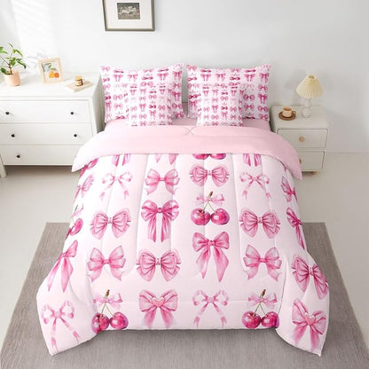 Feelyou Pink Cute Cherry Bow Comforter Set Queen Size 7 Pieces Pink Bow Bedding Set for Kids Boys Girls Princess Decor Bed in a Bag with Comforter, Sheets, Pillowcases, Cushion Covers