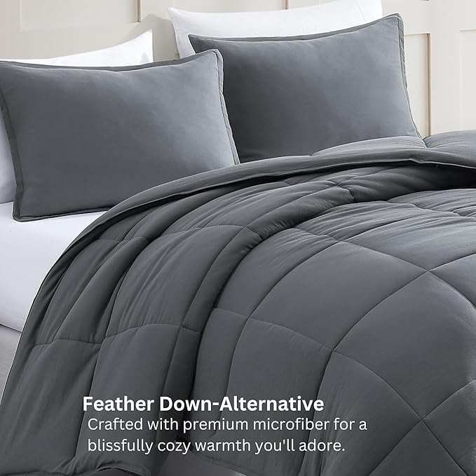 Casa Platino Comforter Queen Bed Set- Cozy Queen Comforter Set - Ultra Soft & Breathable Pre-Washed 100% Hydro-Brushed Queen Bedding Sets - Super Soft & Cozy Bedding Comforter Set Queen Size- Charocal