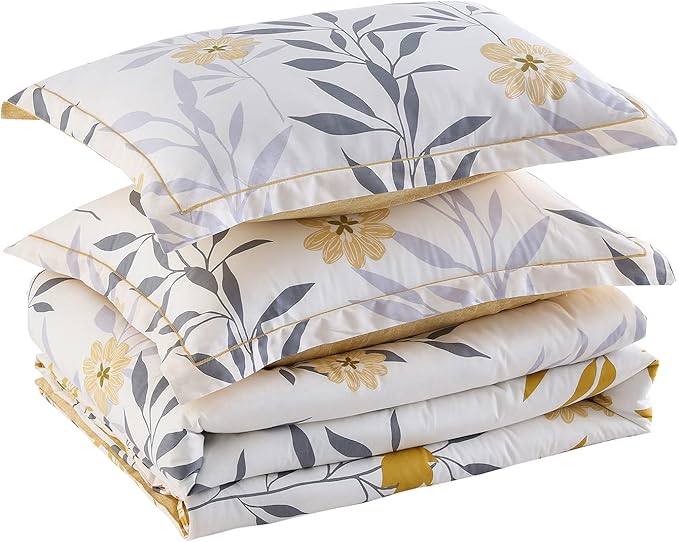 SLEEPBELLA Comforter Queen Size, 600 Thread Count Cotton Grey Branch with Yellow Flower & Grey Leaves Pattern Orange Reversible Comforter Set,Down Alternative Bedding Set 3Pcs(Queen, Yellow Botanical)