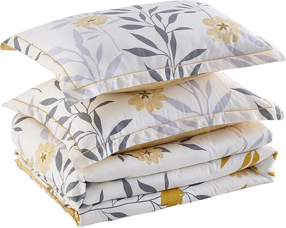 SLEEPBELLA Comforter Queen Size, 600 Thread Count Cotton Grey Branch with Yellow Flower & Grey Leaves Pattern Orange Reversible Comforter Set,Down Alternative Bedding Set 3Pcs(Queen, Yellow Botanical)