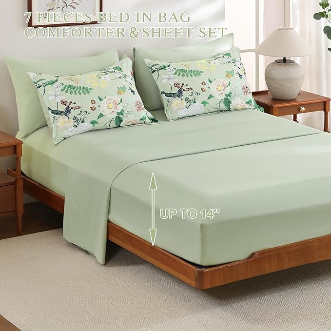 Anibedding 7Pieces Floral King Size Comforter Set, Green Garden Plant Style Bed in a Bag Flower Bedding with Pillow Case for Bedroom