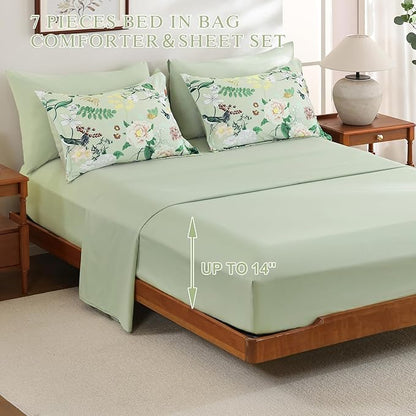 Anibedding 7Pieces Floral Queen Size Comforter Set, Green Garden Plant Style Bed in a Bag Flower Bedding with Pillow Case for Bedroom