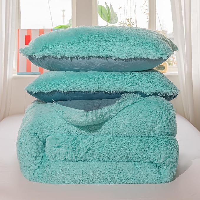 chovy Faux Fur Plush Sky Blue Comforter Sets Twin - Ultra Soft Shaggy Flannel Velvet Fluffy Fuzzy 3PC Bedding Set （Comforter x 1 Pillowcases x 2）