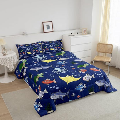 Erosebridal Tortoise Comforter Set for Kids Boys Room, Sea Turtle Shark Down Comforter Toddler Size, Underwater World Bedding Set,Octopus Sea Animal Quilt, Soft Microfiber Decor, Dark Blue