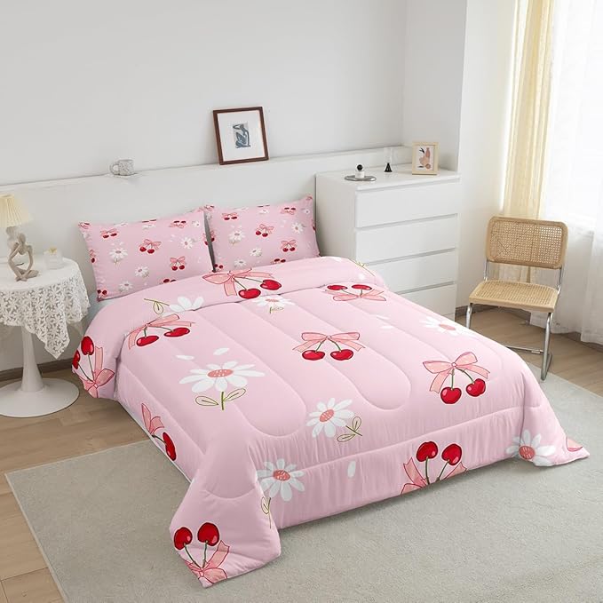 Pink Bowknot Girly Comforter Set Full Size,Bow Daisy Flowers Plant Cute Bedding Set,Girls Women Room Decor,Cherry Bow Tie Princess Castle Down Comforter,Pink Romantic Duvet Insert,2 Pillowcases