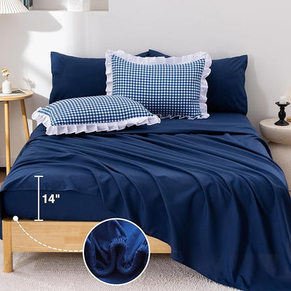 A Nice Night Comforter 5Pcs Queen Size,Navy Ruffle Comforter for Dorm Room Essentials for Twin Bed,Plaid Checkered Chic Bedding Bed in a Bag for Girls