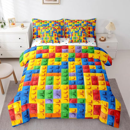Feelyou Construction Games Comforter Set Queen Size 7 Pcs Kids Building Blocks Comforter Bed in a Bag Colorful Brick Bedding Set for Boys Girls Teens Bed Set with Sheets, Pillowcases, Pillow Covers