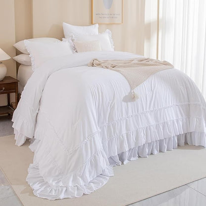 QSH White Oversized California King Ruffle Bed Comforter Set 128x120, Farmhouse Shabby Vintage Ruffled Comforter French Country Rustic Bedding Comforter Microfiber Fluffy Soft Bedding 3 PCs