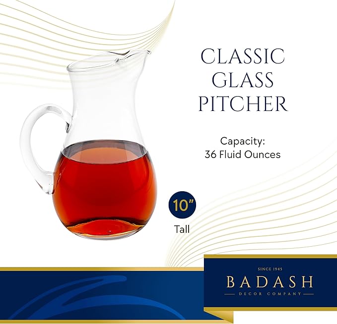 Badash Zeus Crystal Glass Pitcher with Classic Handle and Pinched Spout - 36 oz, 10" Tall