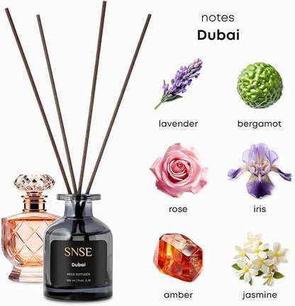 SNSE Dubai Perfumed Reed Diffuser Set - Premium Reed Diffusers for Home with Diffuser Reeds, Luxurious Gift Aroma, Sophisticated Scent, Ideal for Relaxation, Elegant Home Fragrance