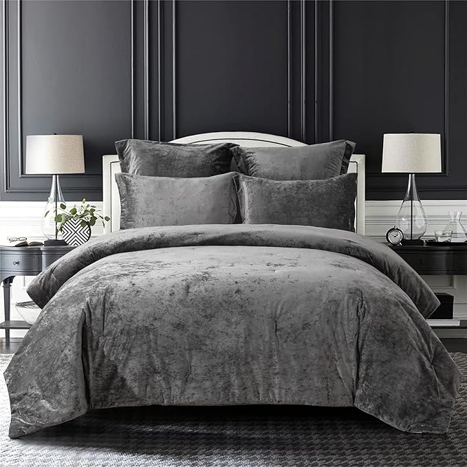 Sunshine Nicole Distressed Velvet Comforter Set, Distressed Velvet Face and Brushed Solid Microfiber Reverse, with Light Weight Soft Poly Fill, 5 Pieces Grey, King