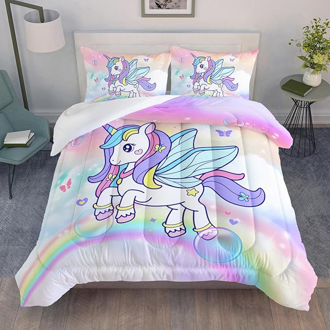 Unicorn Comforter Set for Girls Butterfly Bedding Set Rainbow Quilt Set Queen with 1 Comforter and 2 Pillowcases