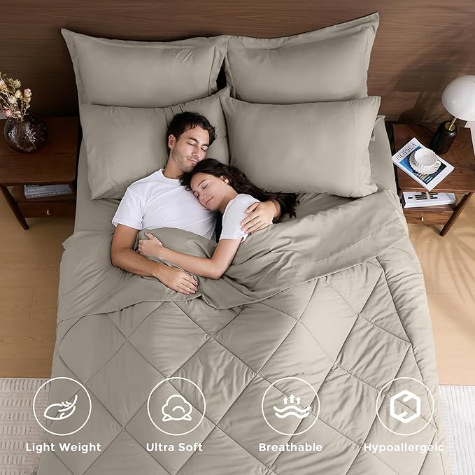 HEVUMYI Linen California King Comforter Set - 7-Piece All Season Bed in a Bag Cal King, Ultra Soft Bedding Set with Comforter, Flat Sheet, Fitted Sheet, Pillowcases, Pillow Shams