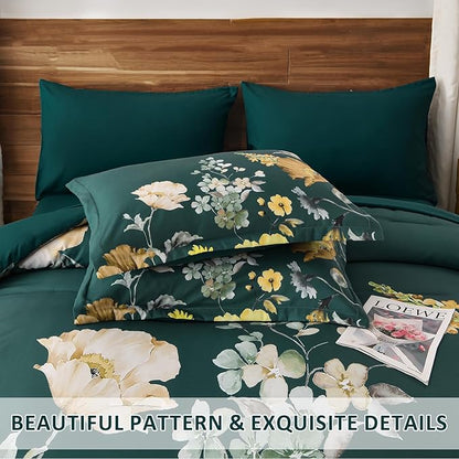 DJY Floral Comforter Set Queen Size 7 Pieces Teal Green Floral Bed in a Bag with Flower Leaves Pattern, Soft Microfiber Botanical Comforter and Sheet Set All Season Bedding Set(90''x90'')