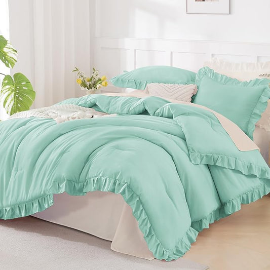 Andency Mint Green Comforter Full Size, 3 Pieces Solid Farmhouse Shabby Chic Ruffle Bedding Sets, All Season Soft Lightweight Comfy Down Alternative Bed Set for Girls Teens Men Women