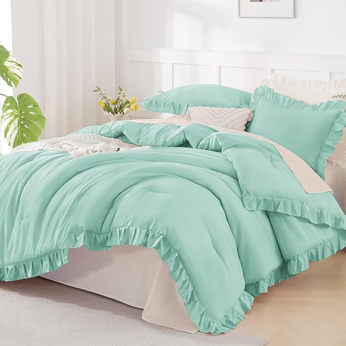 Andency Mint Green California King Comforter Set, 3 Pieces Shabby Chic Ruffle Solid Cal King Bedding Sets, Oversized All Season Soft Lightweight Down Alternative Bed Set for Adults Men Women