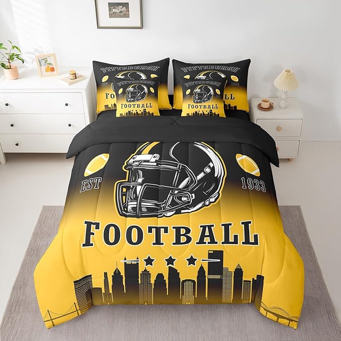 Erosebridal American Soccer King Bed in A Bag for Kids Boys Teen Adults,Sports Rugby 7 Pcs Bedding Set Football City Comforter Set with Sheets Ball Competitive Games Black Yellow Bed Set