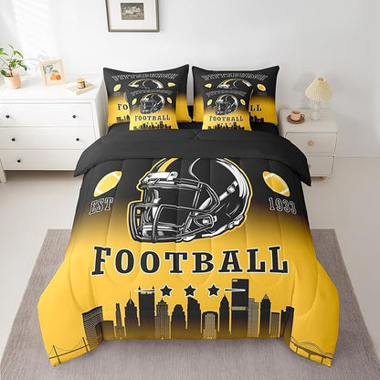 Erosebridal American Soccer Twin Bed in A Bag for Kids Boys Teen Adults,Sports Rugby 7 Pcs Bedding Set Football City Comforter Set with Sheets Ball Competitive Games Black Yellow Bed Set
