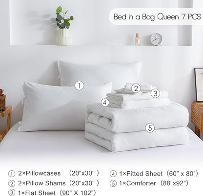 COTTEBED Ultra-Soft Queen Bed Set with Comforter and Sheets - 7 Pieces Bed in a Bag Lightweight All Season, Aesthetic Boho Hotel Polycotton Queen Down Comforter and Bedding Sheet Set Pillowcase White