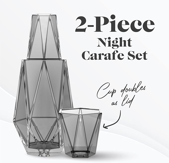 American Atelier 37 oz Modern Geometric Bedside Carafe & Cup Set – 9" Glass Water Carafe with Lid for Nightstand, Office, Guest Room, Hydration, Juice & Mouthwash Storage, Stylish Drinkware (Grey)