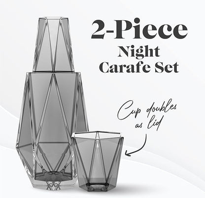 American Atelier 37 oz Modern Geometric Bedside Carafe & Cup Set – 9" Glass Water Carafe with Lid for Nightstand, Office, Guest Room, Hydration, Juice & Mouthwash Storage, Stylish Drinkware (Grey)