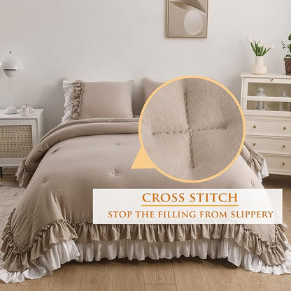 Masaca Ruffled Comforter Set Queen,Farmhouse Shabby Bedding Comforter Sets Vintage French Country Taupe and White Bedding 3PCS（1 Shabby Comforter and 2 Ruffle Pillowcases）
