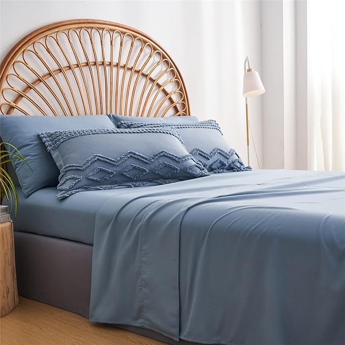 KAKIJUMN Blue Tufted 7-Piece Queen Comforter Set, Shabby Chic Boho Comforter and Sheet Set, All Season Soft Microfiber Complete Bedding Set