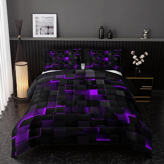 Neon Purple Black Comforter Set Twin Geometric Kids Bedding Set,3 PCS Geometry Honeycomb Bed Set Modern Quilt Set 1 Comforter 2 Pillow Cases Cool Room Decor All Season B-Side Black