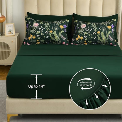 Yiran Dark Green California King Comforter Set, 7 Piece Summer Floral Comforter Bedding Set, Bed in a Bag with Flowers Pattern, Soft Microfiber Complete Bedding Set with Sheets for All Season