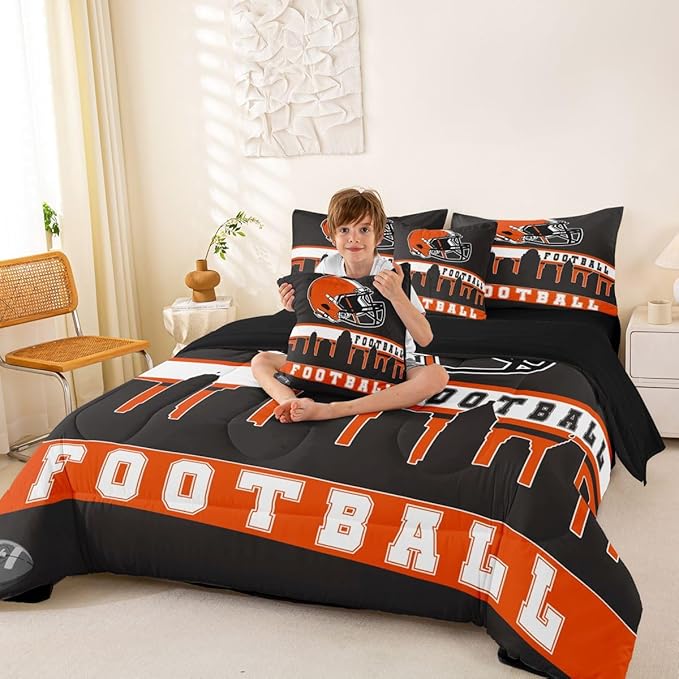 Erosebridal Football City 7 Pcs Comforter Set Twin Football Bedding for Young Grey Orange Rugby Game Sheet Set Bed in A Bag Football Fans Room Decor Sports Ball Competition Quilt