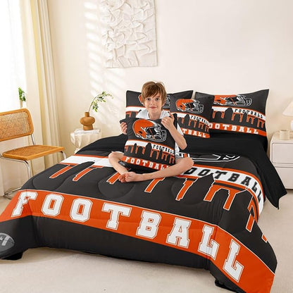Erosebridal Football City 7 Pcs Comforter Set Queen Football Bedding Young Grey Orange Rugby Game Sheet Set Bed in A Bag Football Fans Room Decor Sports Ball Competition Quilt