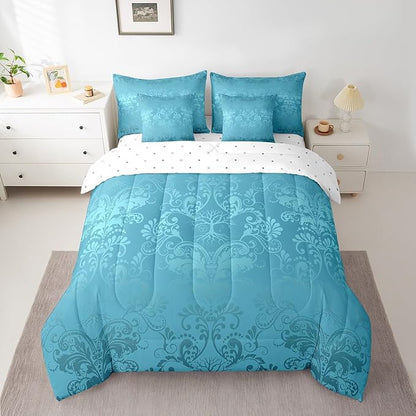 Erosebridal Gothic Damask Bed in a Bag Queen Comforter Set 7 Piece,Sun Moon Tree of Life Bedding Sets Teal Victorian Floral Goth Sheet Set with Comforter