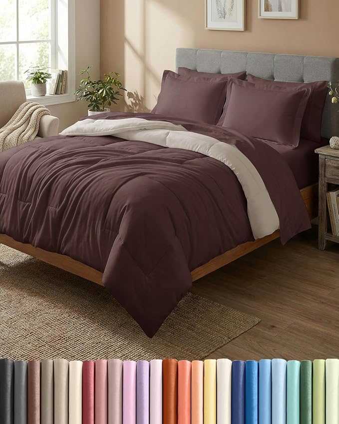 Queen Comforter Set - 7 Piece Bed in a Bag Queen Size Bed Set - Down Alternative Comforter, Flat Sheet, Fitted Sheet, Pillowcase & Shams for All Seasons - Ultra Soft, Comfy & Breathable - Brown/Beige