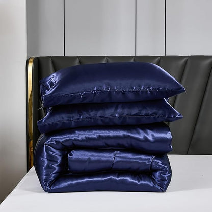 Satin Comforter Set Queen Silk Like Blue Bedding Comforter Luxury Hotel Silky Bed Home Deocr 1 Comforter 2 Pillowcases (Queen, Navy Blue)