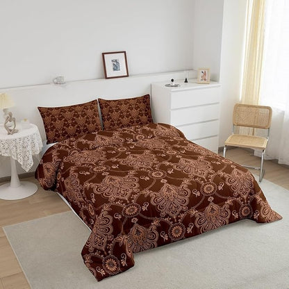 Feelyou Adults Brown Vintage Damask Floral Comforter Set Antique Drawing Classical Paisley Comforter Twin Size Gothic Bohemia Boho Floral Bedding Set Hotel Style Duvet Set Quilt Set 2Pcs