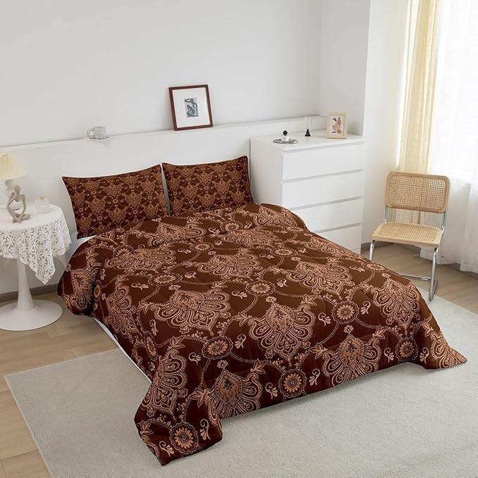 Feelyou Adults Brown Vintage Damask Floral Comforter Set Antique Drawing Classical Paisley Comforter Full Size Gothic Bohemia Boho Floral Bedding Set Hotel Style Duvet Set Quilt Set 3Pcs