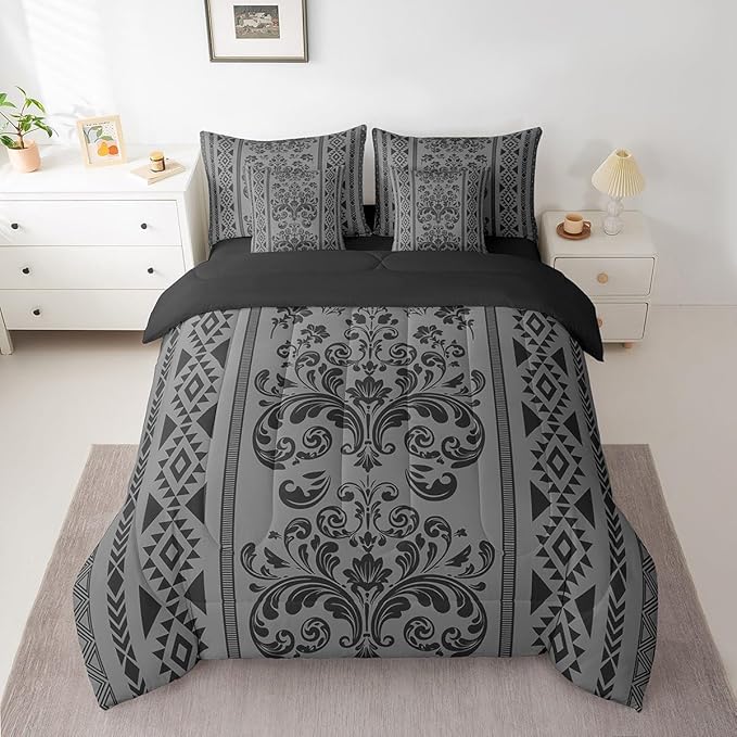 Comforter Set Twin Size, Grey Black Aztec Damask 7 Pcs Bedding for Kids and Adults, Western Goth Floral Victorian Bed Sheet Sets with Fitted Sheet 2 Pillowcases & 2 Shams for Bedroom Bed Decor
