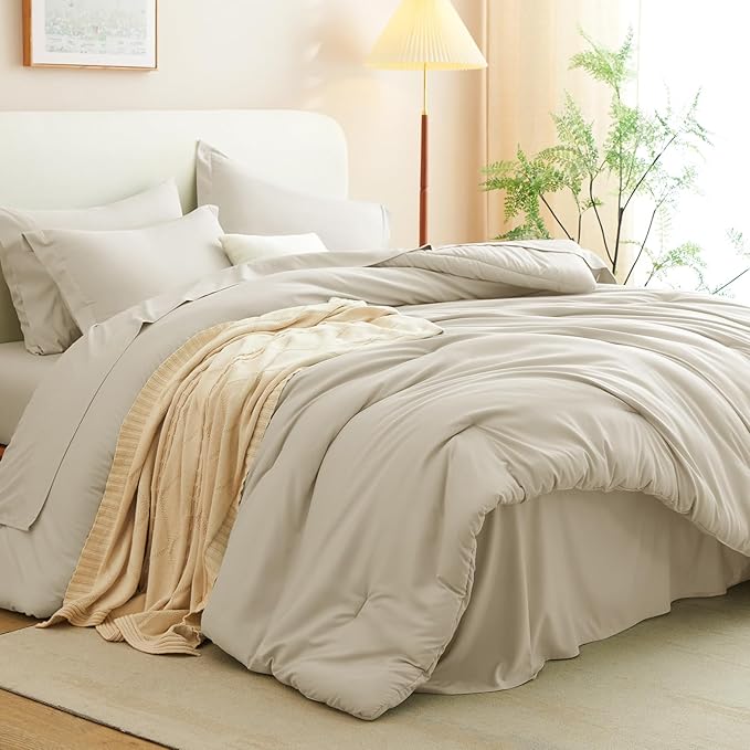 CozyLux King Comforter Set Oatmeal, 7 Pieces Bed in a Bag Soft Bedding Comforter Set with Sheets, All Season Boho 7PC Bed Sets with Comforter, Fitted Sheets, Flat Sheets, Pillow Shams and Pillowcases