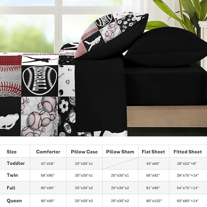 Nesker 7 Pcs Comforter Set Full Size, Baseball Softball Sports Boys Bedding Set for Kids and Adults, Red Black Gray Patchwork Checked Bed Sheet Sets with Fitted Sheet 2 Pillowcases & 2 Shams