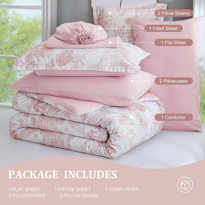DJY King Size Comforter Set, 7 Pieces Bed in a Bag King Pink Botanical Comforters with Sheets Elegant Plants Print Christmas Soft Microfiber Reversible Complete Bedding Sets for All Season