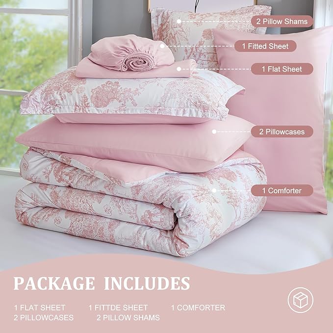 DJY Queen Size Comforter Sets, Pink Botanical Comforters with Sheets 7 Pieces Bed in a Bag Queen Elegant Plants Print Christmas Soft Microfiber Reversible Complete Bedding Sets for All Season