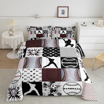 Feelyou Rugby Sports Comforter Set King Size Football Comforter for Boys Girls Teens Baseball Bedding Set Basketball Duvet Set Room Decor Balck Grey White Mixed Ball Quilt Set